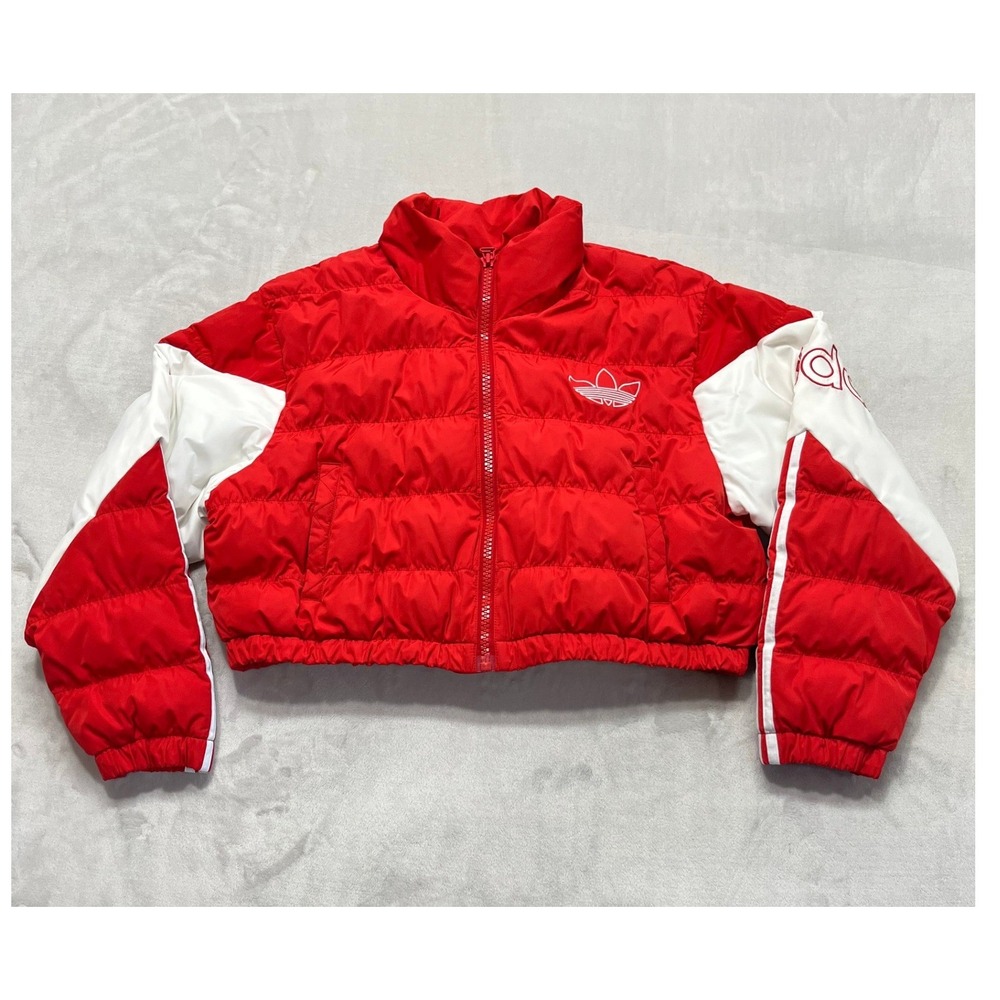Adidas Cropped Puffer Jacket Women Large Red White Trefoil 3-Stripes Quilted